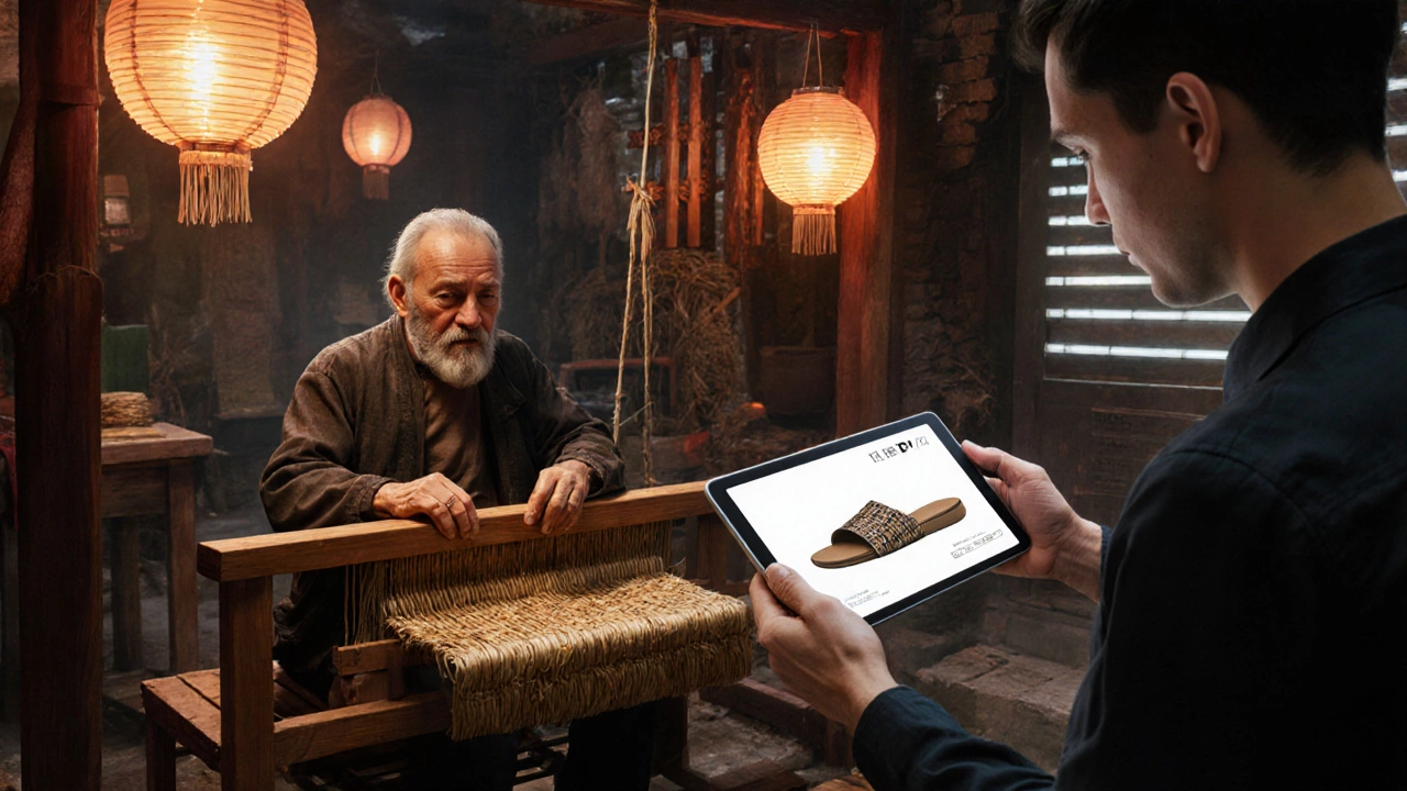Artisan weaving straw slippers in a lively Beijing hutong workshop.