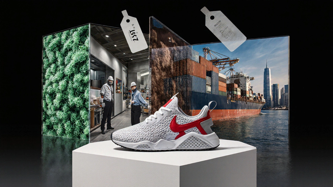 Artistic collage depicting various factors that add to sportswear prices, like factories, eco‑materials and a limited‑edition sneaker.