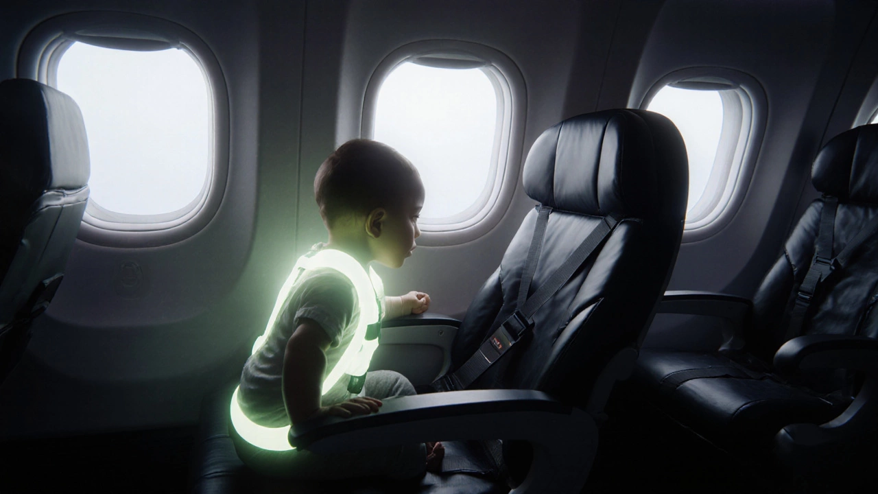 Baby safely restrained in CARES harness during turbulence, contrasting with loose carrier.
