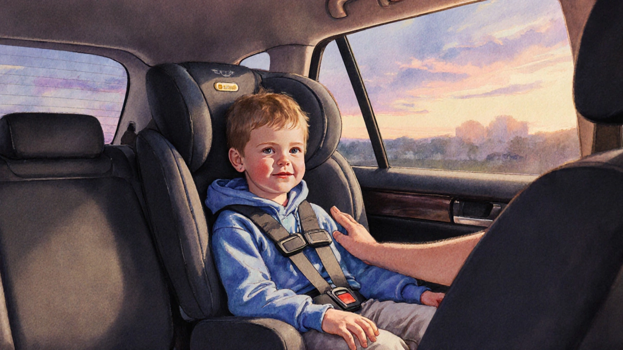 Child in a booster seat with seat belt correctly positioned, in a warmly lit car.