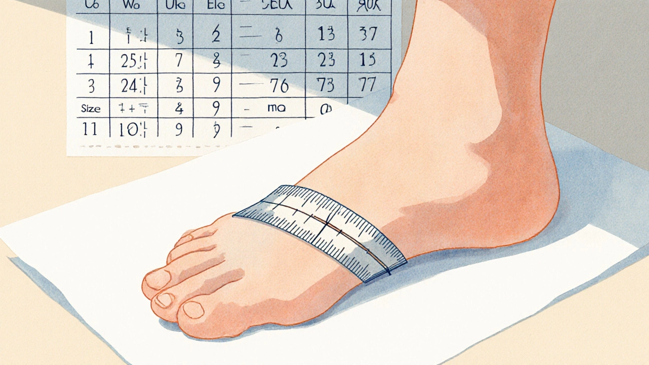 Close-up of a foot outline with ruler measuring width beside a faint size chart grid.