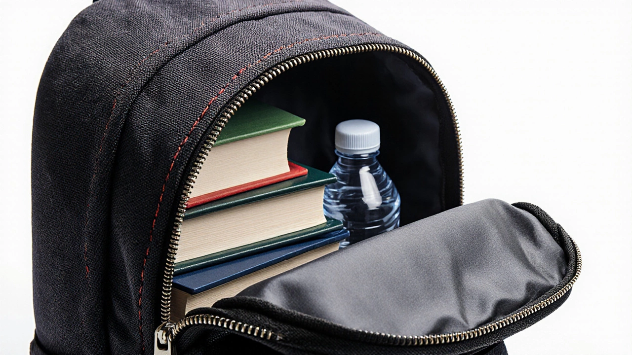 Close‑up view of JanSport fabric, stitching, and YKK zipper with books inside.