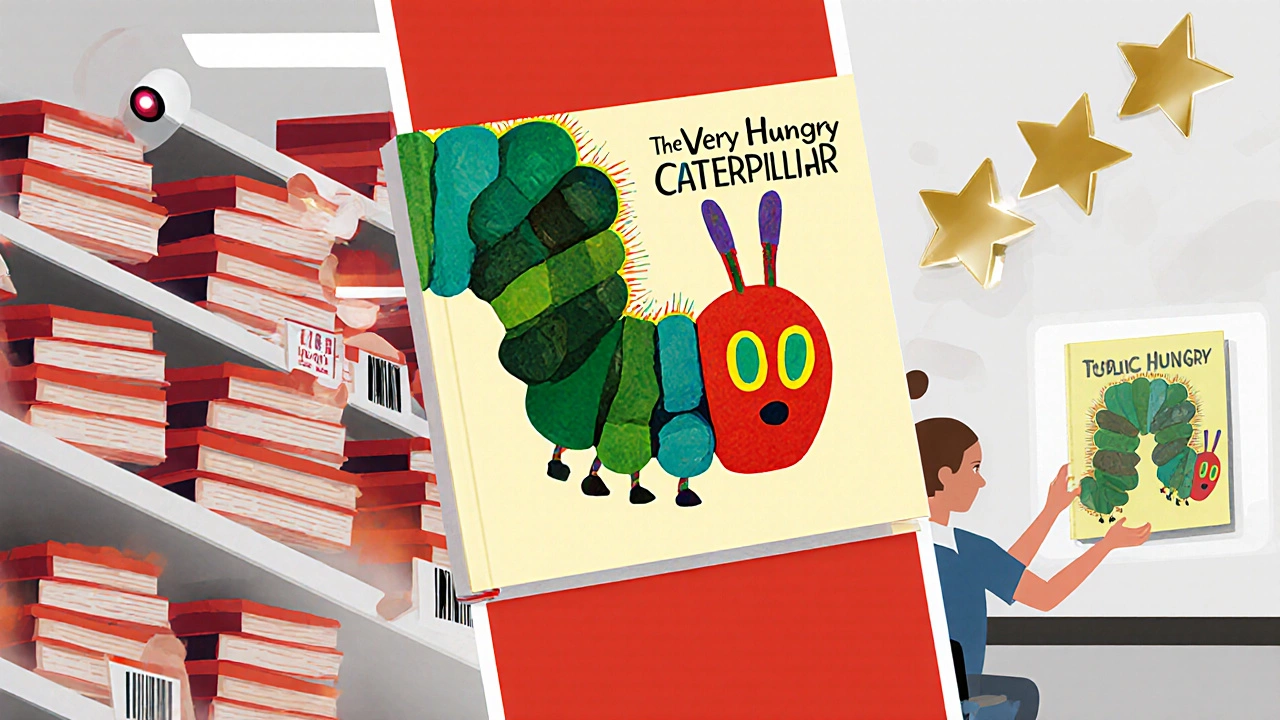Collage showing retail shelf, library checkout, and star ratings around the book cover.