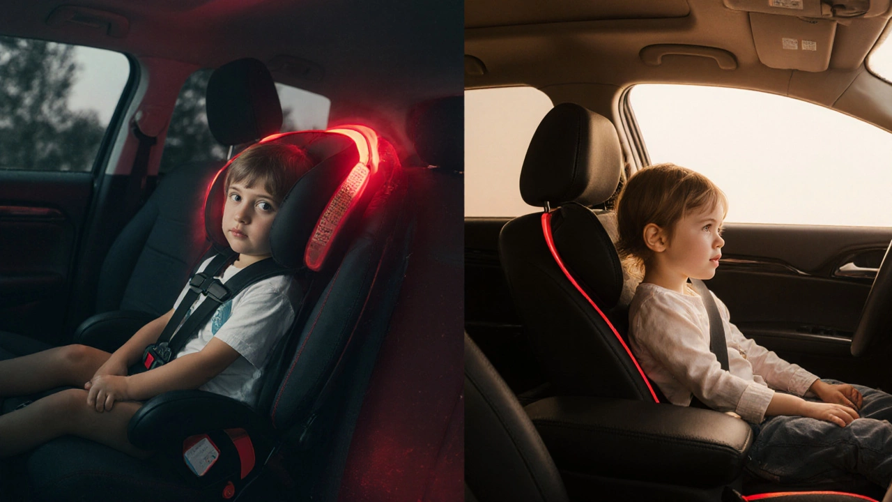 Contrast of a child in a front‑seat booster with an airbag and a child safely seated in the rear.