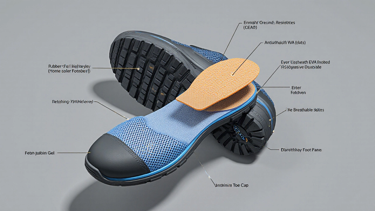 Cutaway illustration of a work shoe highlighting slip‑resistant sole, shock‑absorbing insole, mesh upper, and toe cap.