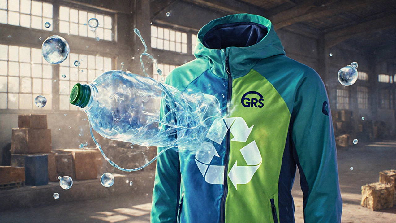 Digital painting of a plastic bottle turning into yarn for a recycled‑content jacket.
