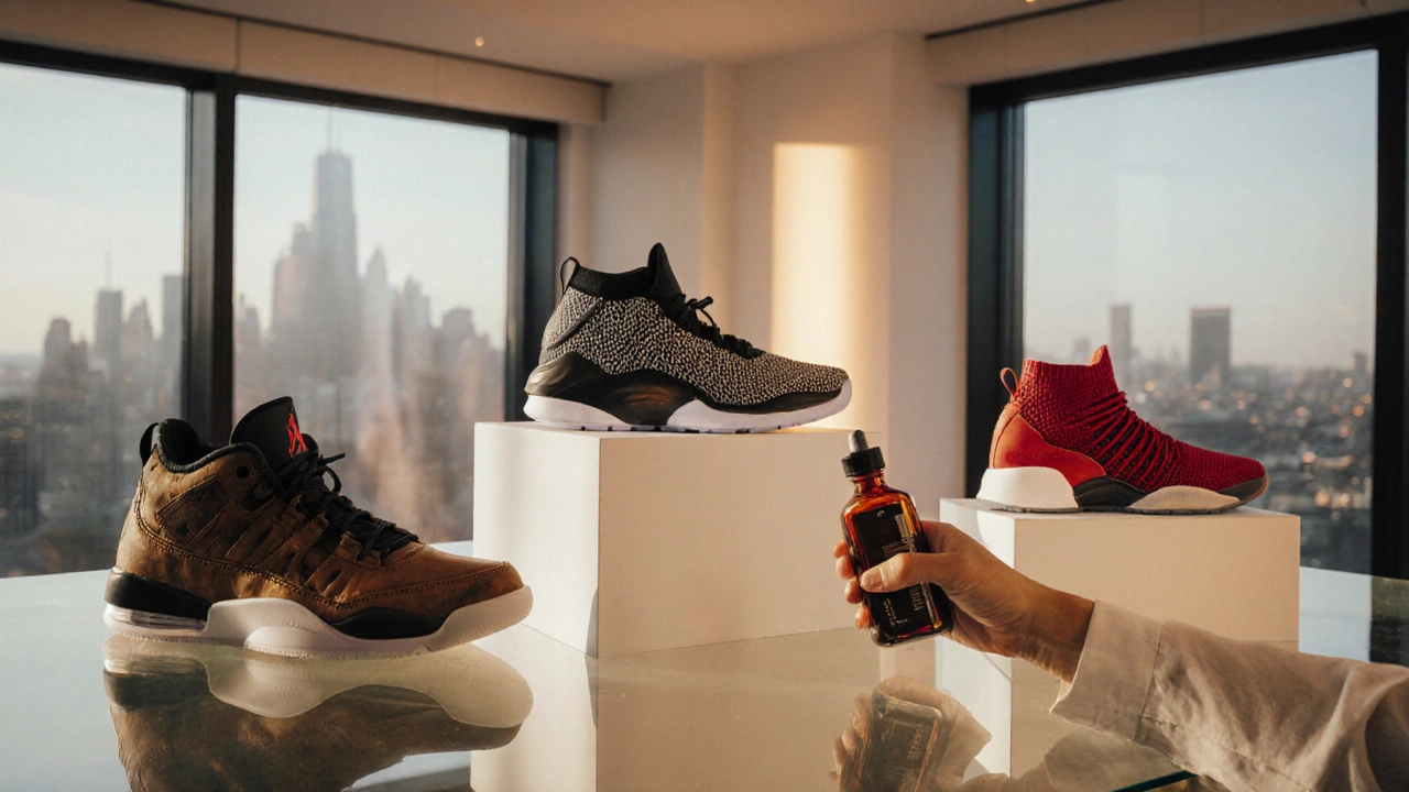 Display of three Air Jordans—leather, knit, and nubuck—on pedestals with collector’s care tools nearby.