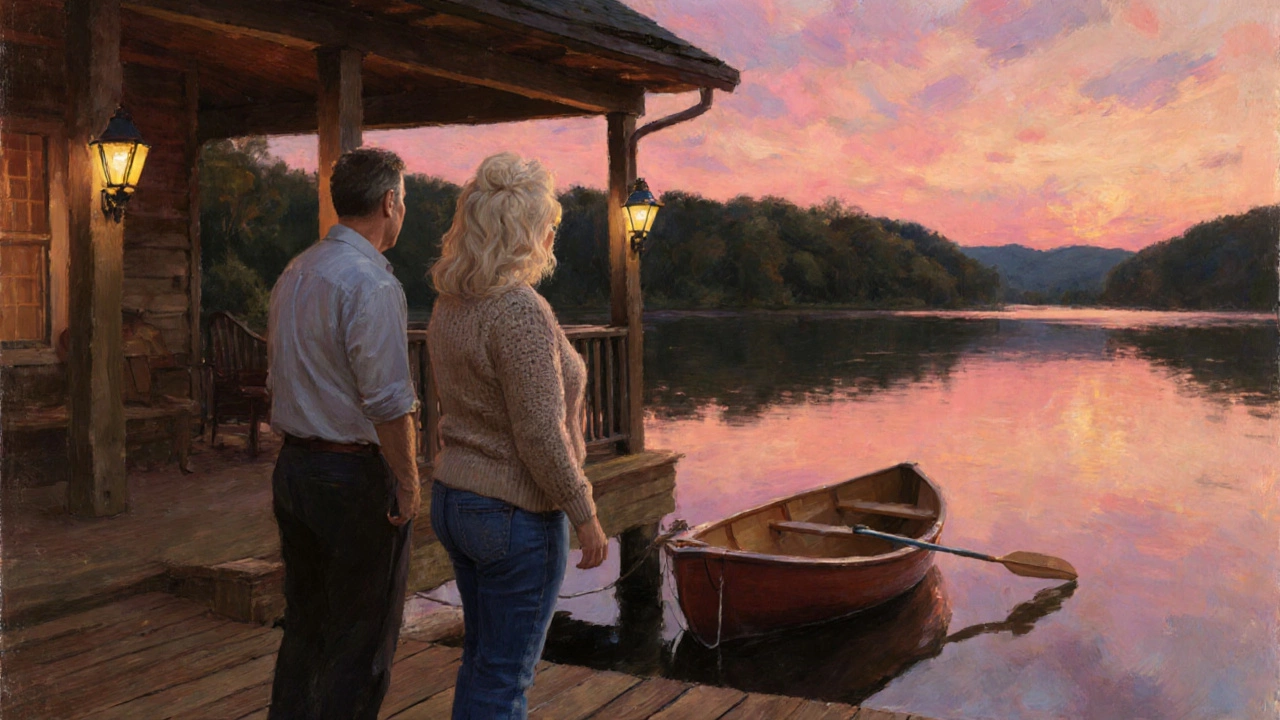 Dolly and her husband standing on a dock at their lake‑front home at sunset.