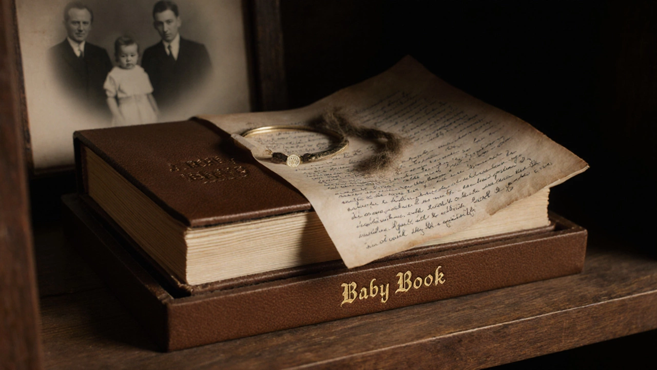 Family memory box showing a protected baby book, lock of hair, bracelet, and handwritten recipe on a shelf.