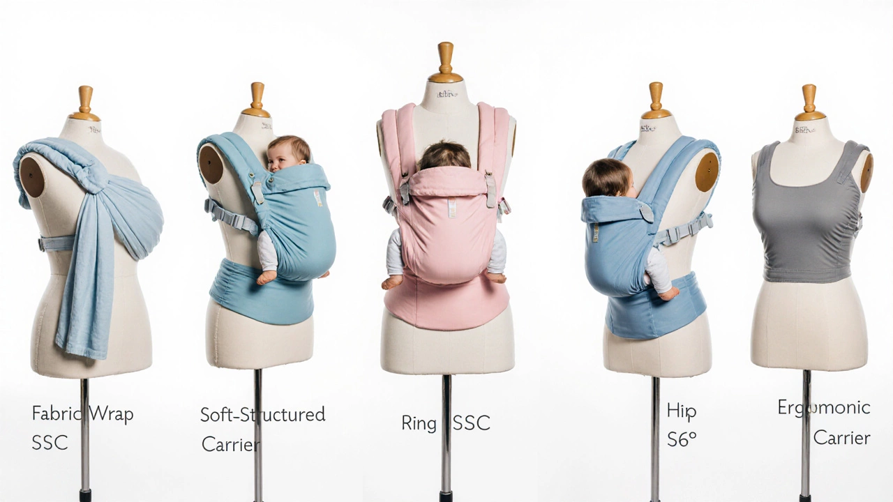 Five baby carrier styles displayed with typical weight limits on mannequin torsos.