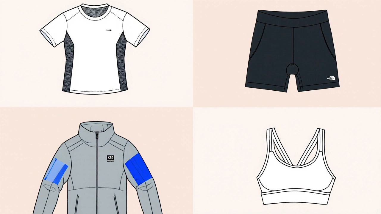 Flat‑lay collage of a performance tee, compression shorts, windbreaker, and sports bra with compression sleeve.