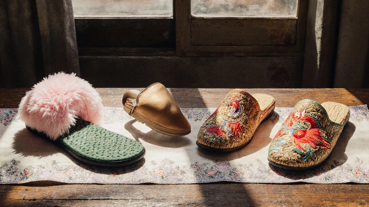 Four types of Chinese slippers displayed together on a wooden table.