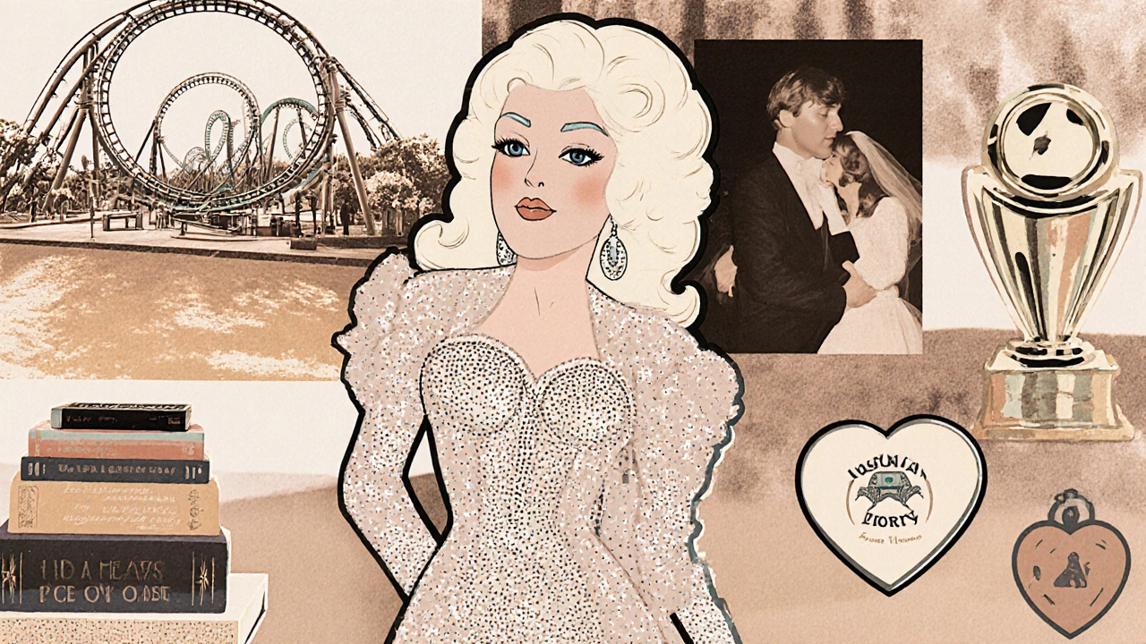 Illustrated collage of Dolly with Dollywood, Grammy, books, and a heart-shaped locket.