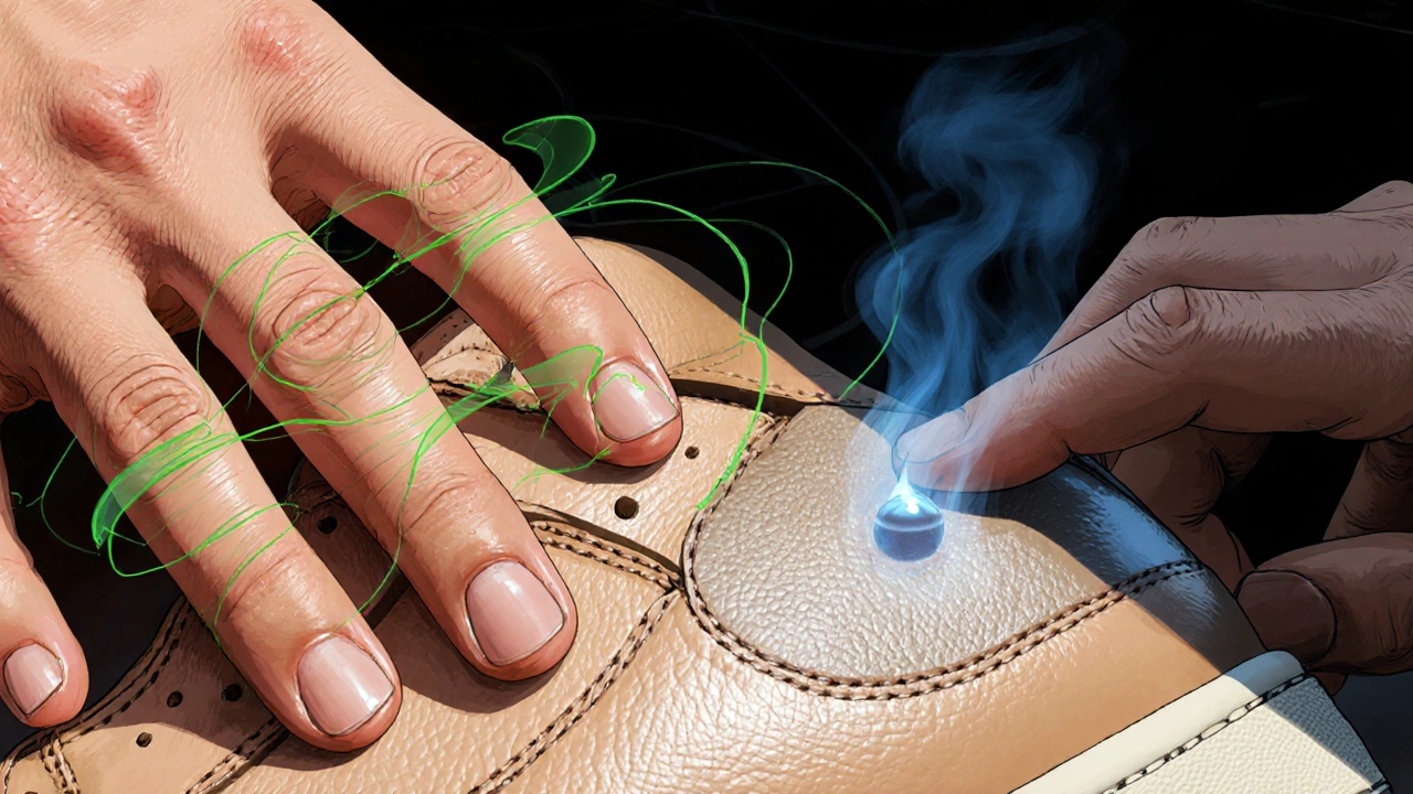 Illustration comparing a hand touching genuine leather and synthetic leather with water droplet test.