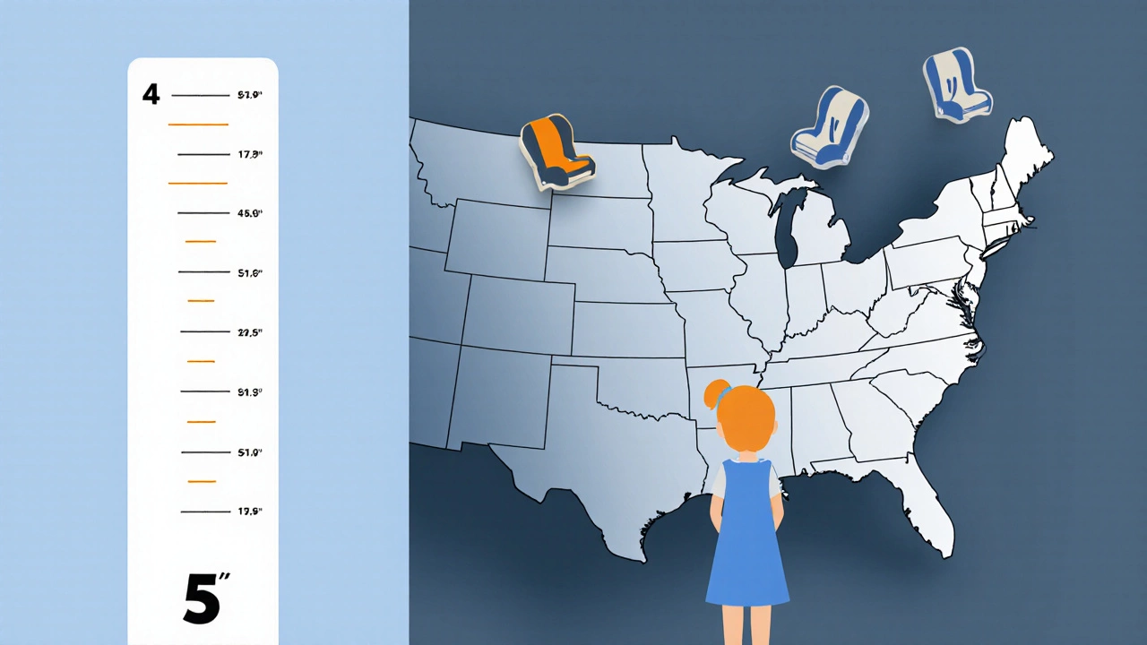 Illustration of a child by a height chart beside a faint US map with car‑seat icons.