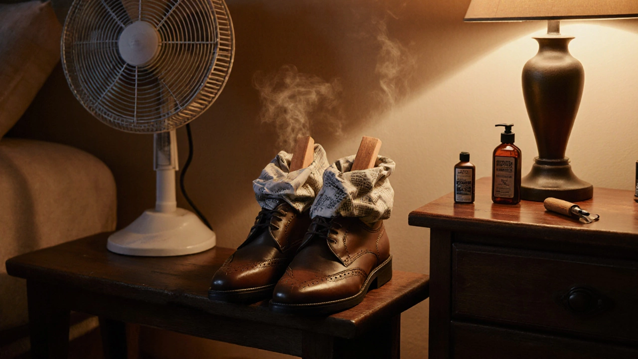 Indoor scene of shoes being dried with newspaper, cedar trees, fan, conditioner, and a stretcher.