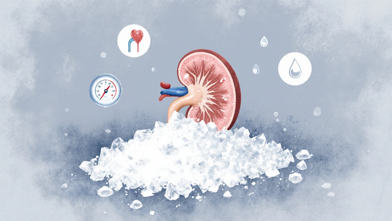 Infant kidney depicted with excess salt crystals.