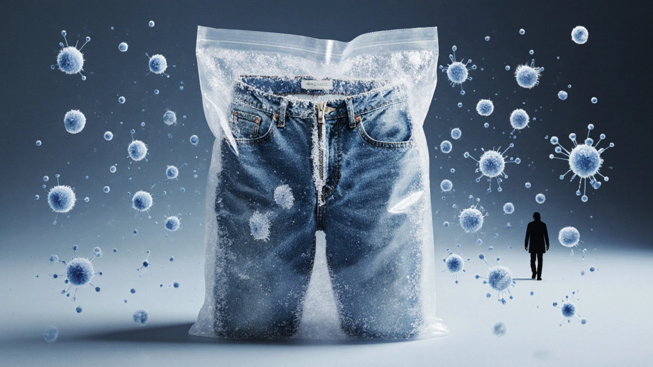 Jeans in a freezer bag with frost, abstract bacteria molecules floating around, symbolizing odor removal without washing.