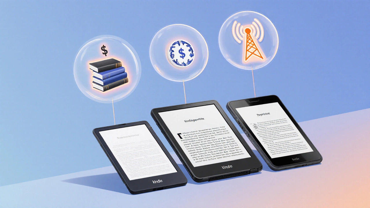 Kindle devices with floating icons for subscription services above them.
