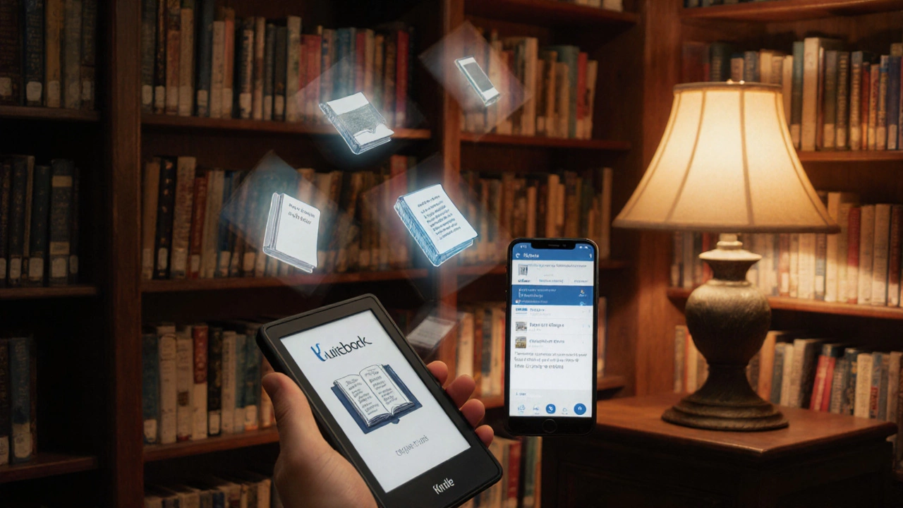 Library scene with a Kindle showing free e‑books and a smartphone Kindle app.