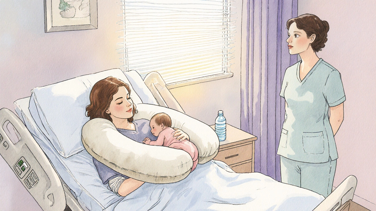 Mother feeding newborn on a Boppy pillow in a pastel postpartum room with a nurse nearby.