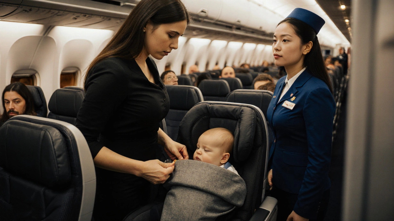 Mother transferring baby from carrier to car seat on plane as flight attendant observes.
