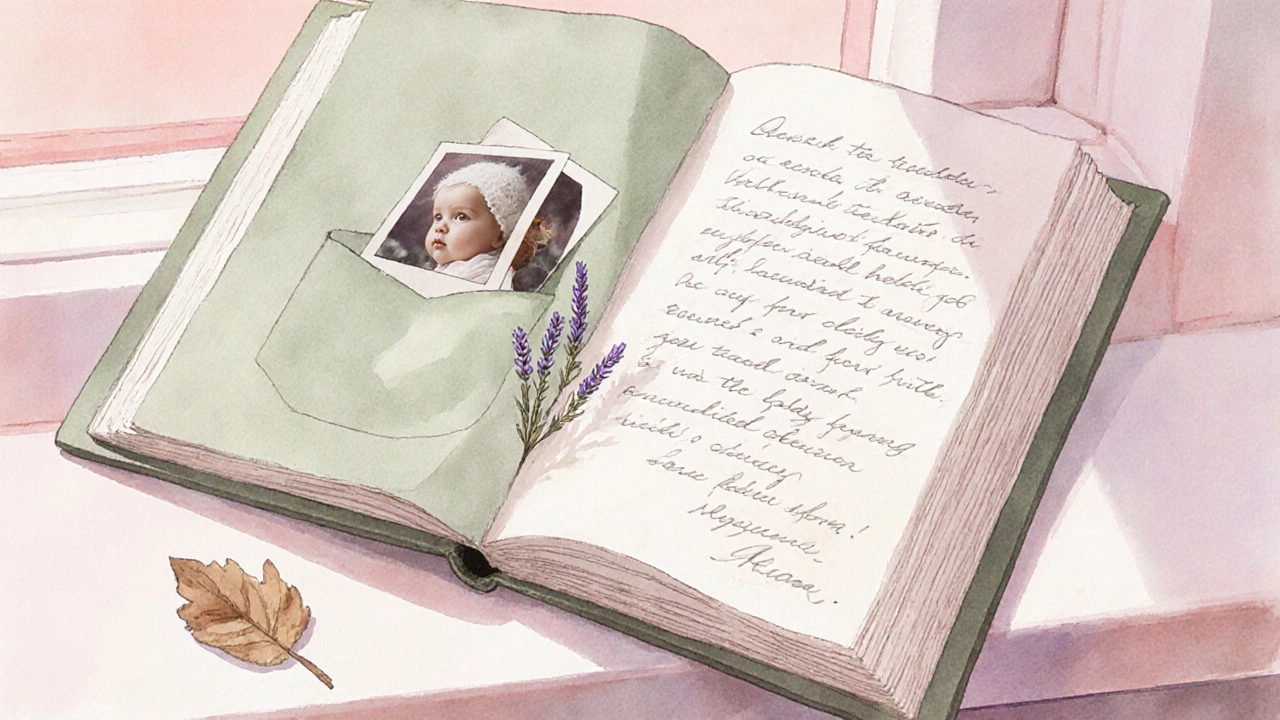 Open baby book page with handwritten note, Polaroid, dried lavender sprig, and pressed leaf in pastel illustration.
