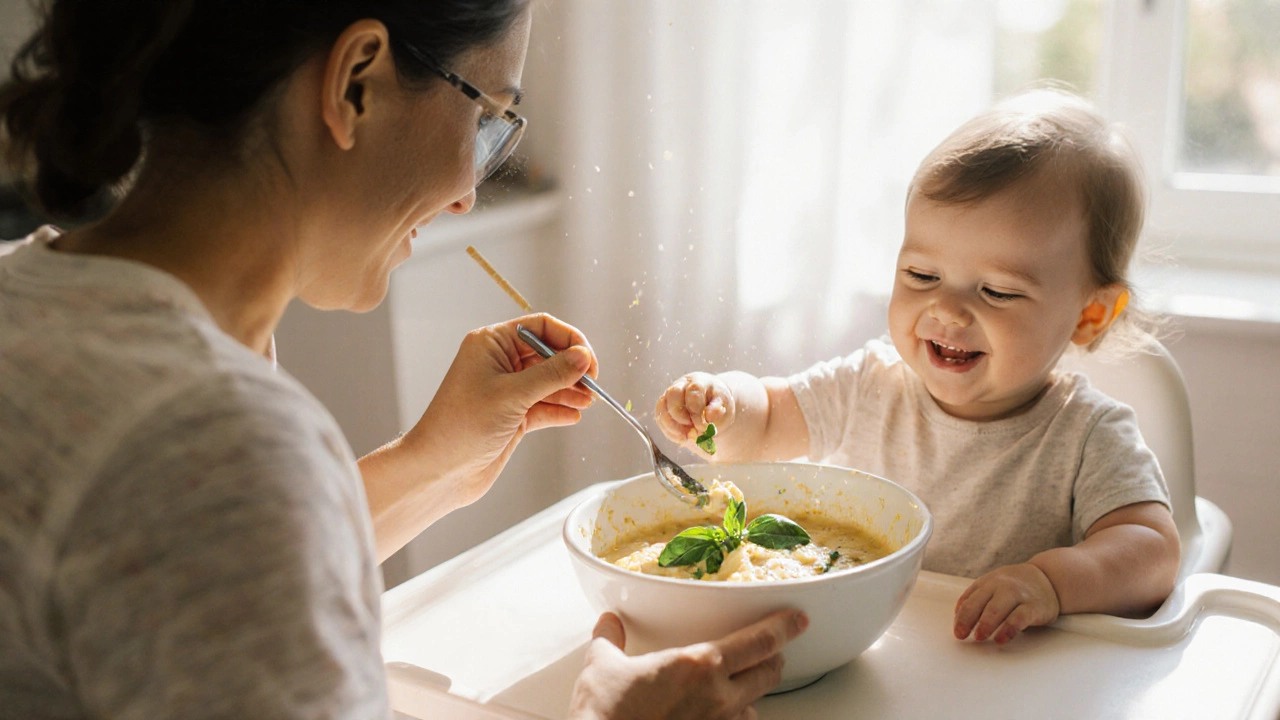 Parent adding herbs and fruit to baby puree, toddler smiles.