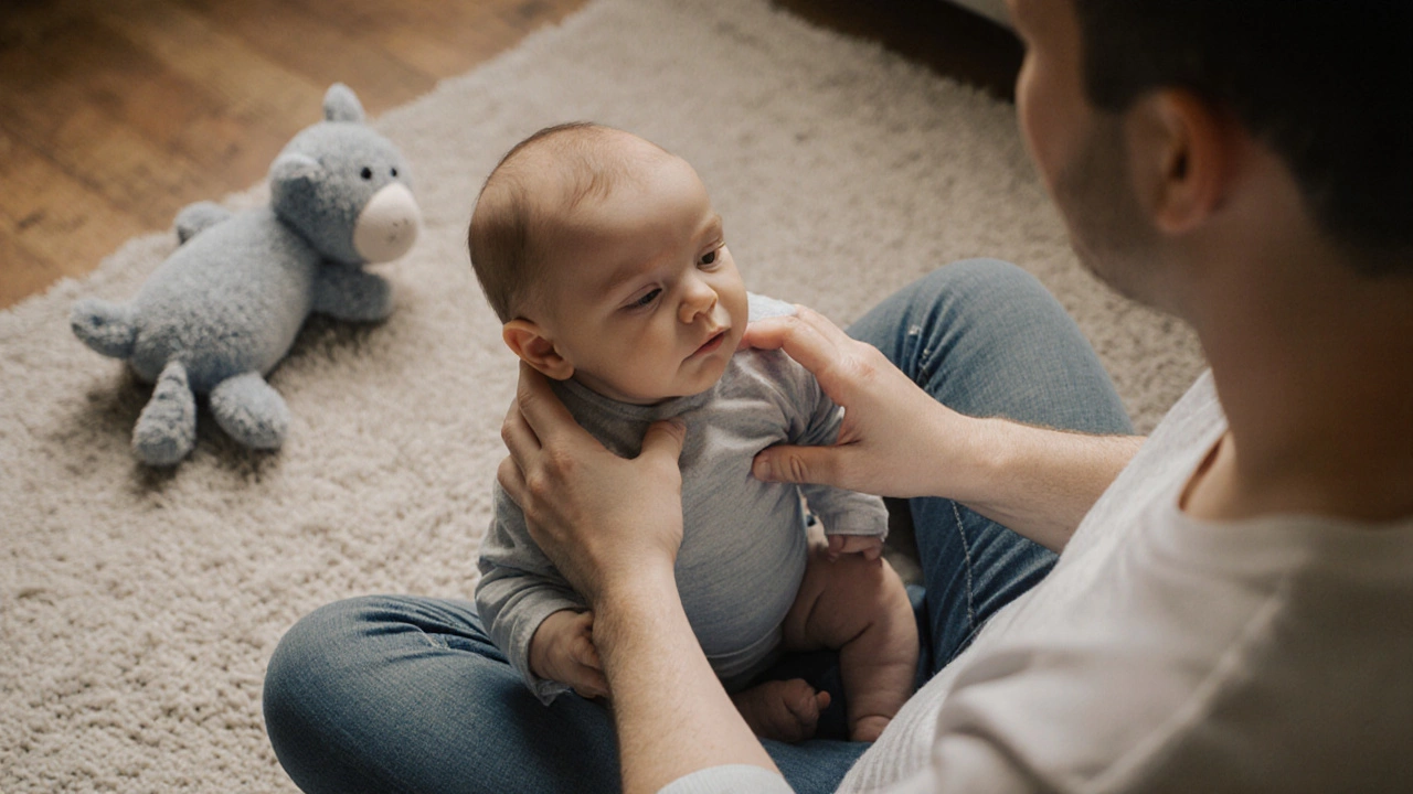 Parent gently checking baby&#039;s head and ribs after a lift in a soft-lit nursery.