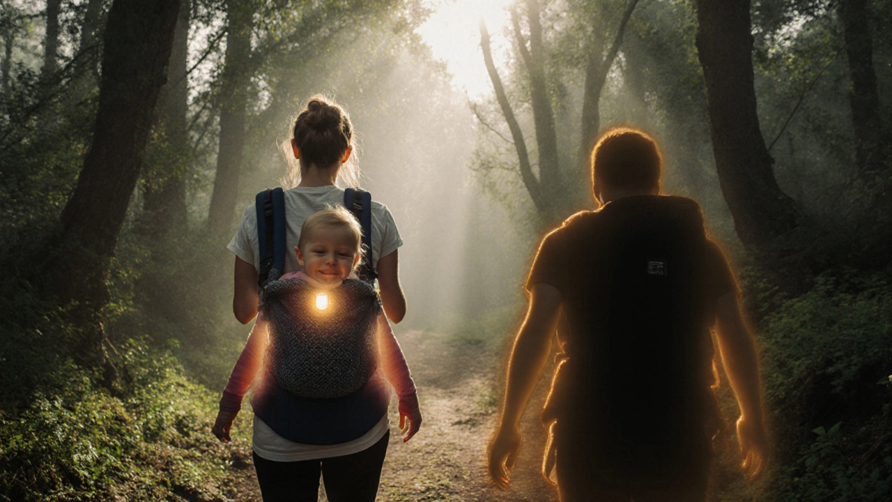 Parent hiking with a toddler in a hip carrier showing proper hip position and an overload warning.