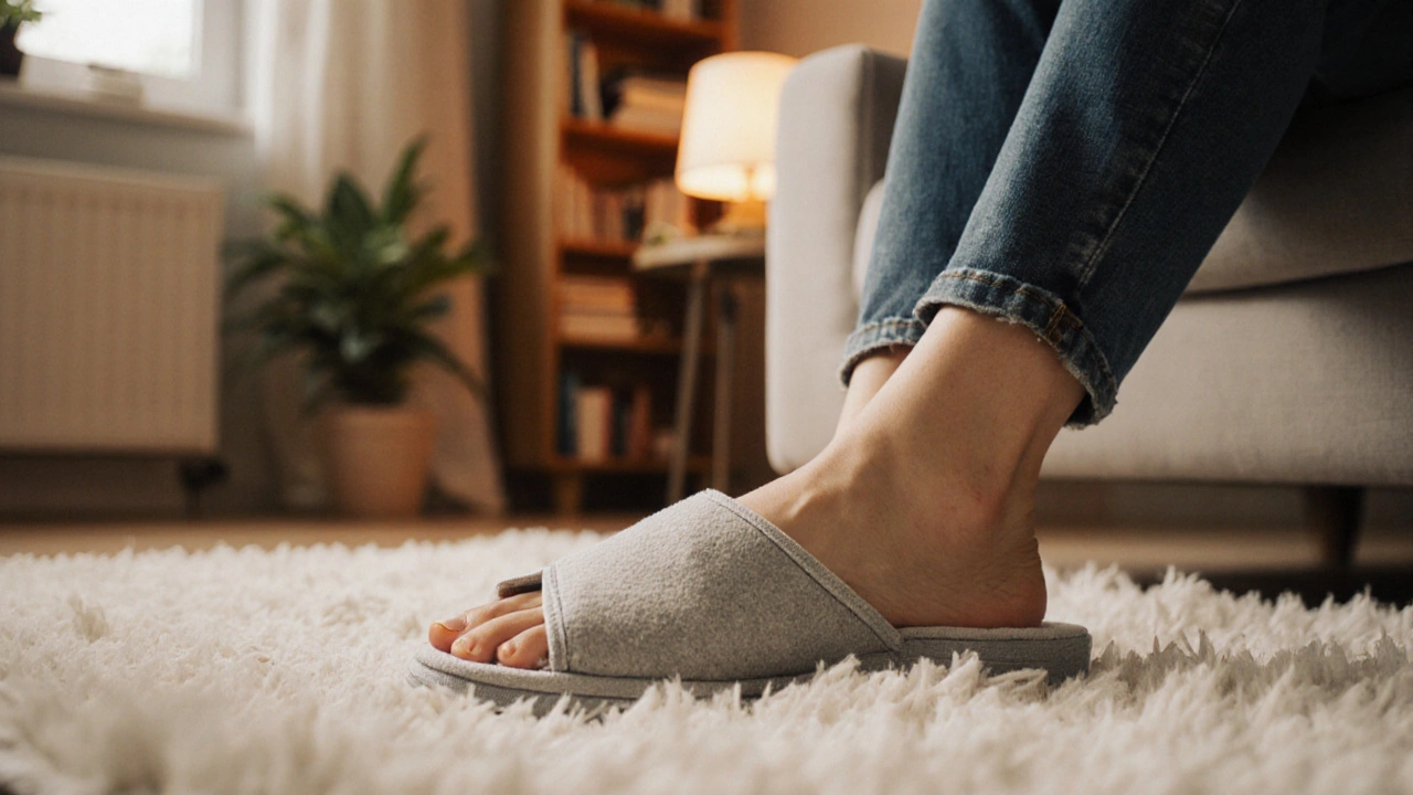 Person sitting on a rug wearing comfortable slippers that show proper arch support.