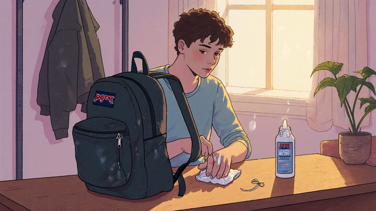 Person spot‑cleaning a JanSport backpack at a desk with zipper lubricant nearby.