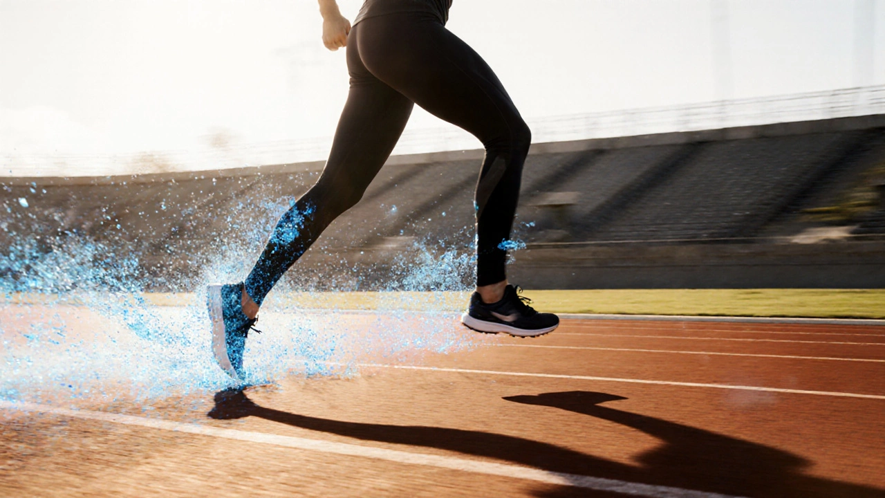 Runner sprinting while visible moisture wicking trails pull sweat away from the body.