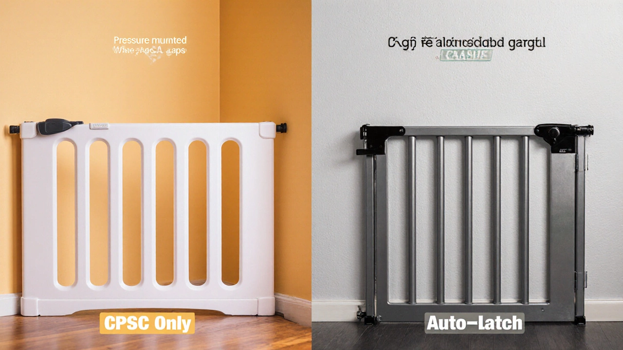 Side-by-side comparison of non-compliant baby gate versus OSHA-compliant gate for childcare settings.