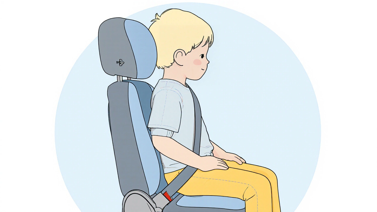 Side view showing correct lap and shoulder belt placement on a child.