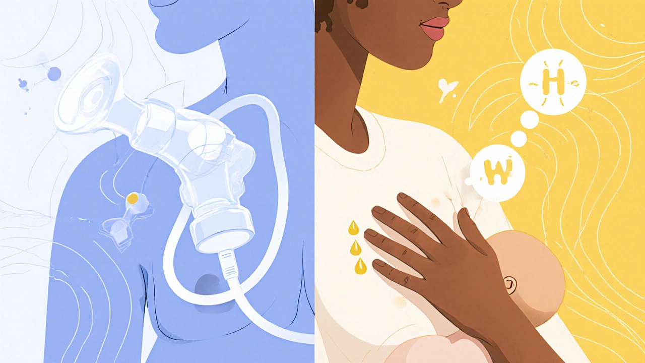 Split illustration shows early pumping with weak hormones versus natural breastfeeding with bright hormones.