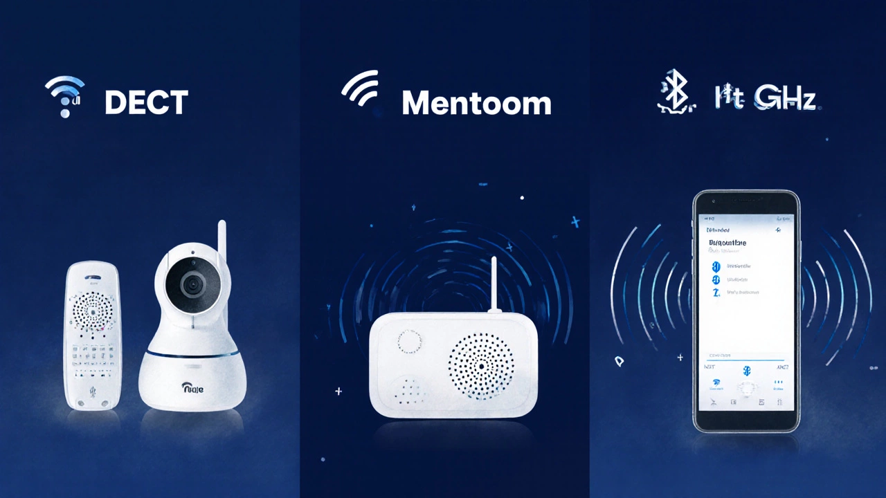 Three baby monitor types shown: DECT, RF, and BLE with their devices and signal icons.