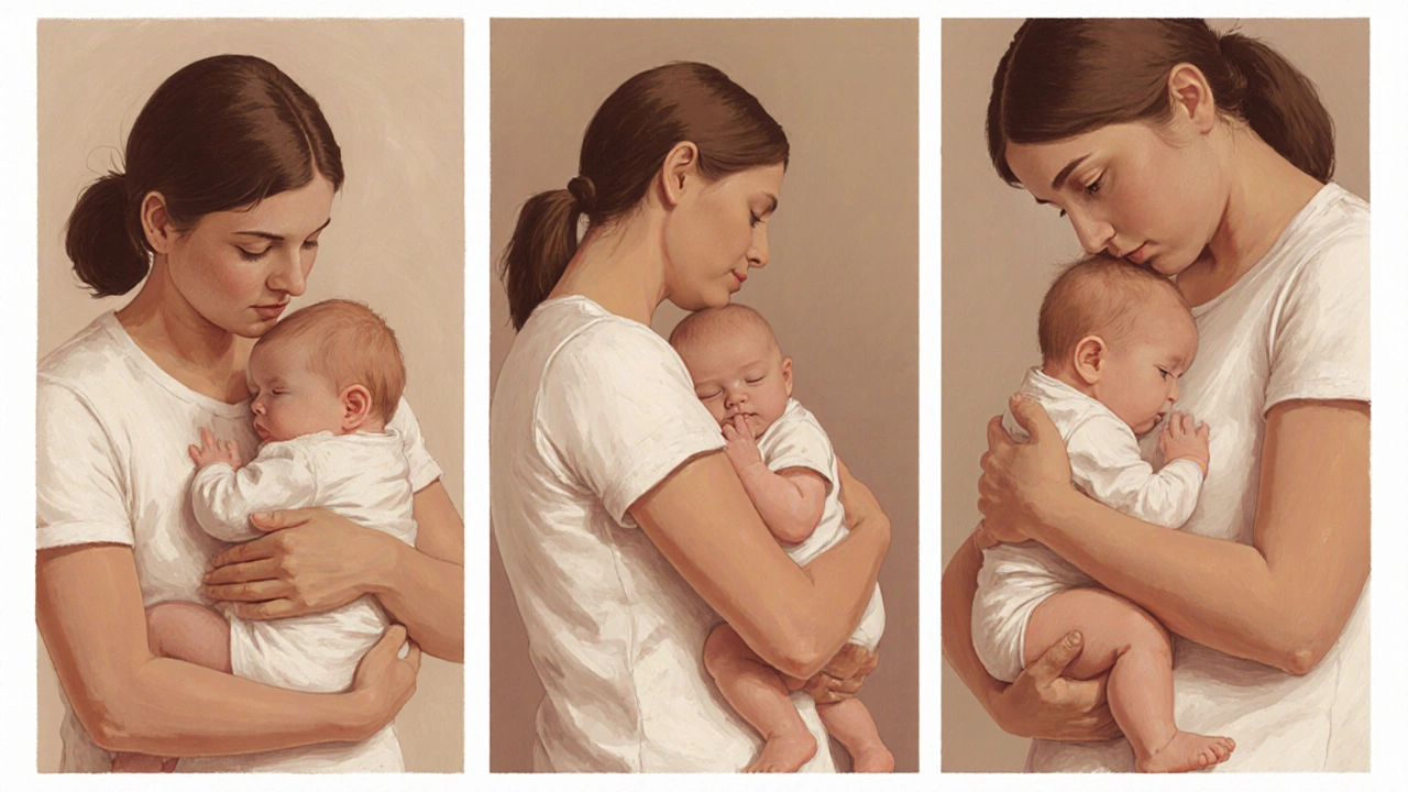 Three caregivers demonstrating head‑and‑shoulders, cradle, and crotch holds.