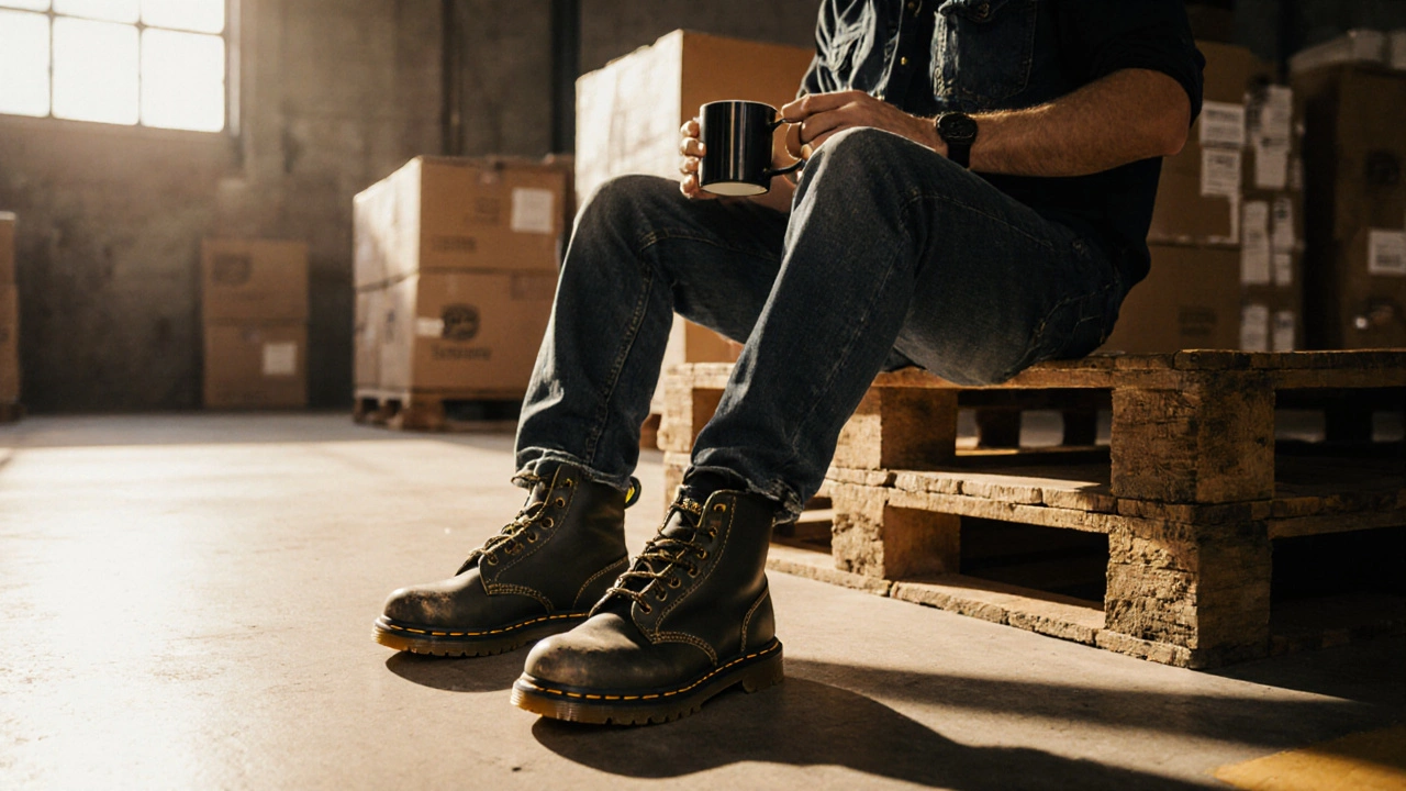 Warehouse worker resting after a shift, shoes set aside, sunlight casting a warm glow.