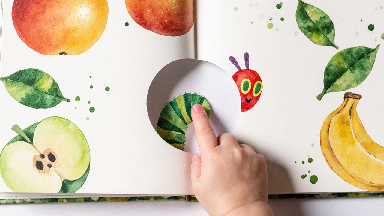 Watercolor of a board book page with a die‑cut hole, fruit, and a hand feeding the caterpillar.