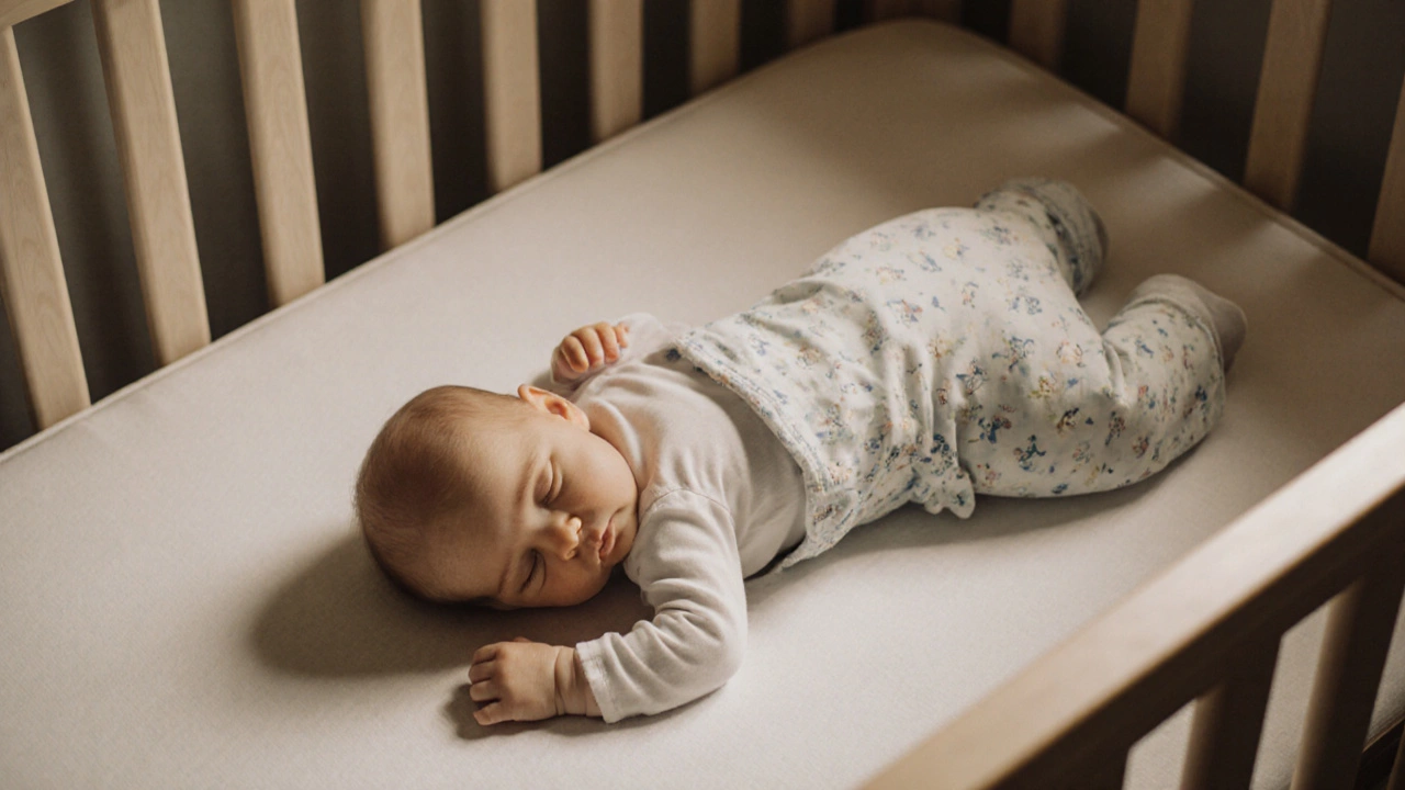 4-month-old baby rolling over in empty crib with only fitted sheet.