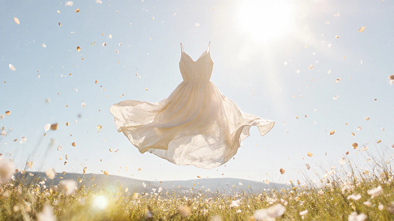 An empty sundress floating in a sunlit meadow, animated by wind, symbolizing freedom and natural grace.