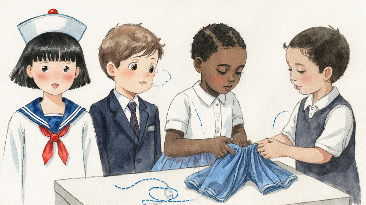 Children from Japan, UK, Kenya, and Oregon wearing diverse but connected school uniforms