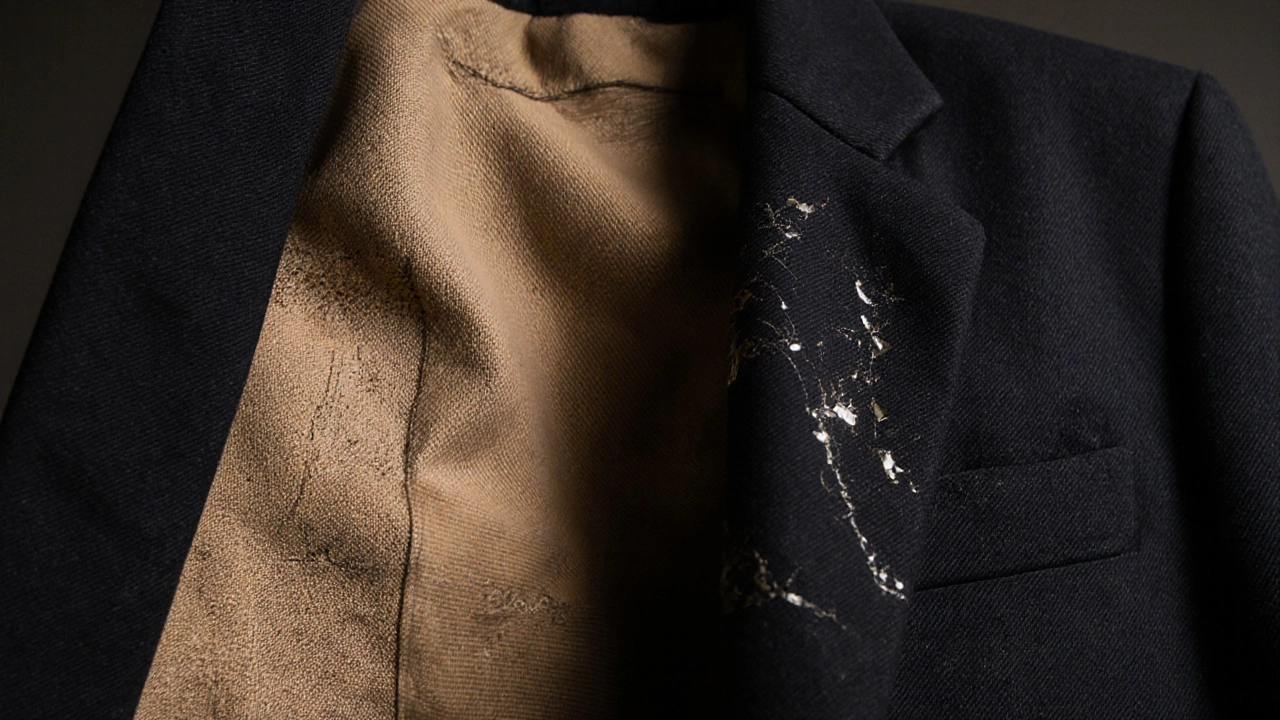Inside of a suit jacket showing hand-stitched canvas versus glued construction.