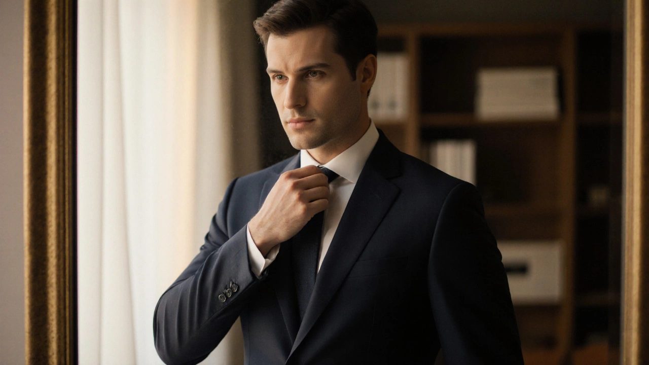 Man in a well-fitted navy suit examining the lapel in a mirror, revealing functional sleeve buttons.