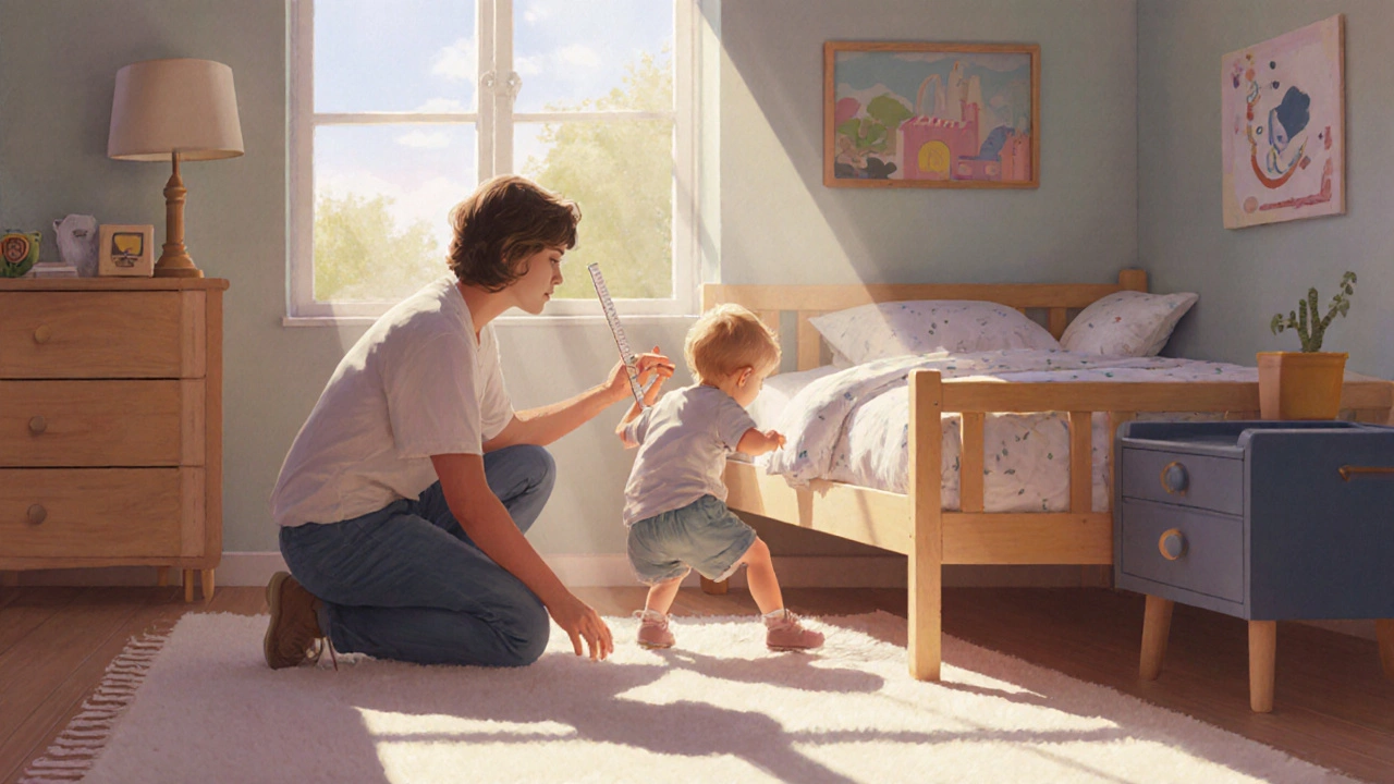 Parent measuring gap between toddler bed and wall to ensure safety.