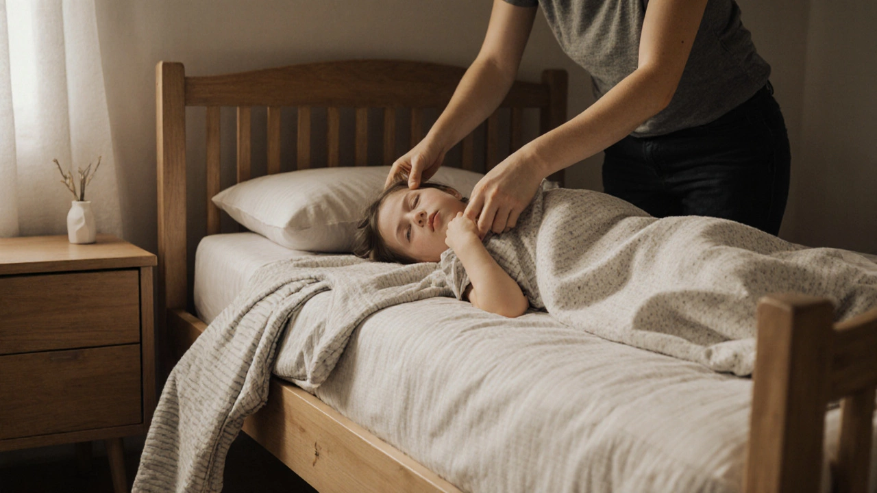 Parent tucking a blanket into a toddler bed while a sleep sack rests nearby.