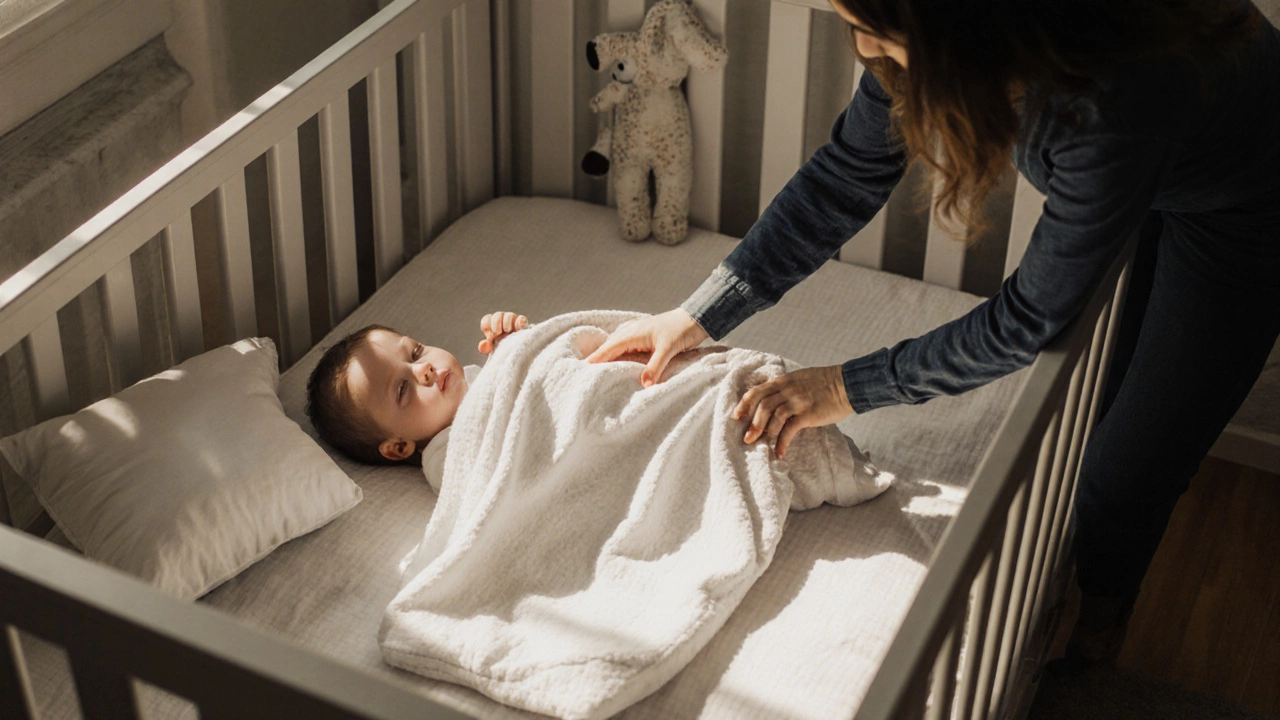 Parent tucking in a thin blanket for 12-month-old, no pillows or stuffed animals.