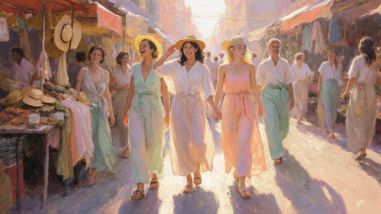 People in light-colored, breathable summer clothes strolling a market at dusk, wearing hats and sandals.
