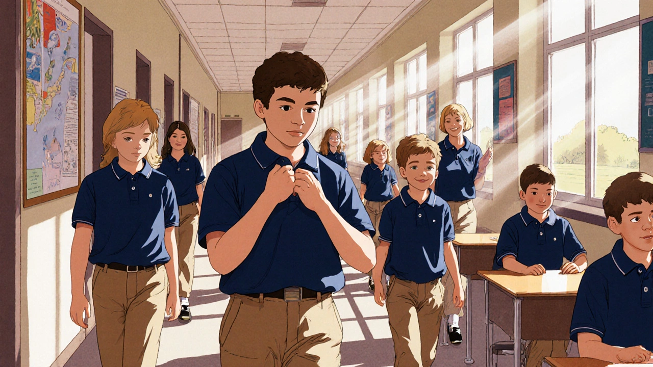 Students in modern U.S. school uniforms walking down a sunny classroom hallway
